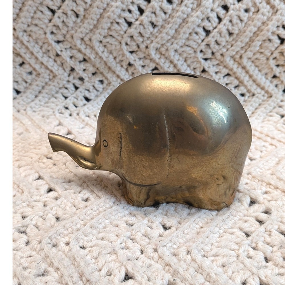 Vintage Solid Brass Elephant Coin Bank Mid Century Modern Figurine Korea 5.5in